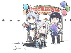  ... 3girls :| all_fours black_hair blue_hair bodystocking bouquet chibi chibi_only chinese_clothes closed_mouth commentary confetti diagonal_bangs english_text flower full_body ganyu_(genshin_impact) genshin_impact gloves green_eyes grey_hair hair_over_one_eye holding holding_bouquet horns multiple_girls mushroom parted_lips party_popper rectangular_mouth red_eyes shenhe_(genshin_impact) standing staring symbol-only_commentary xinzoruo yelan_(genshin_impact) 