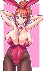  1girl :3 animal_ears arms_up bare_shoulders bow bowtie breasts brown_eyes brown_pantyhose cleavage closed_mouth cowboy_shot detached_collar dog_tags fake_animal_ears futaba_channel gluteal_fold hair_between_eyes hairband huge_breasts kudoi kuma_(kumahoihoi) legs_apart leotard long_hair nijiura_maids orange_hair outline pantyhose pink_bow pink_bowtie pink_hairband pink_leotard playboy_bunny ponytail rabbit_ears ribbon smile solo standing white_outline white_ribbon wrist_cuffs 