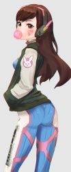  1girl ass bad_id bad_twitter_id bodysuit brown_eyes brown_hair blowing_bubbles chewing_gum clothes_writing d.va_(overwatch) english_text facial_mark from_behind hands_in_pockets headphones jacket letterman_jacket long_hair looking_at_viewer looking_back natsuhara overwatch overwatch_1 simple_background solo sweater_vest whisker_markings  rating:Sensitive score:26 user:danbooru