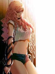  1girl breasts crop_top ha-ru_(the_breaker) hair_over_one_eye large_breasts lipstick long_hair makeup navel pink_hair shorts the_breaker the_breaker_new_waves weapon whip  rating:Questionable score:32 user:Dpopper