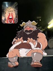  2boys aroused_nosebleed averting_eyes bara beard blush bulge clothes_lift covered_penis dungeon_meshi dwarf facial_hair fake_horns gamubear helmet horned_helmet horns laios_touden lifted_by_self loincloth long_beard male_focus meme_request multiple_boys muscular muscular_male photo_background senshi_(dungeon_meshi) shy sitting skirt skirt_lift solo_focus thick_mustache very_long_beard yaoi 