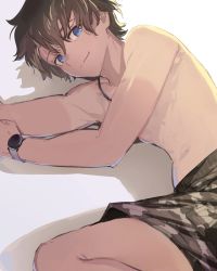 1boy bare_pectorals black_hair blue_eyes camouflage camouflage_male_swimwear camouflage_swimsuit closed_mouth fate/grand_order fate_(series) fujimaru_ritsuka_(male) fujimaru_ritsuka_(male)_(tropical_summer) grey_male_swimwear grey_swim_trunks highres jewelry looking_at_viewer lying male_focus male_swimwear masuji necklace official_alternate_costume on_side pectorals print_male_swimwear print_swim_trunks print_swimsuit shadow smile solo swim_trunks swimsuit tan tanline watch rating:Sensitive score:26 user:danbooru