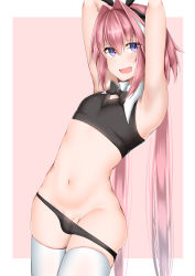  1boy armpits arms_up astolfo_(fate) bad_id bad_pixiv_id black_panties come_hither commentary_request fang fate/grand_order fate_(series) highres kitajima_yuuki long_hair looking_at_viewer male_focus navel panties penis penis_peek pink_background pink_hair purple_eyes simple_background skin_fang skindentation solo testicle_peek testicles thighhighs trap underwear white_thighhighs  rating:Explicit score:91 user:danbooru