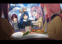  4girls :d :o animal animal_on_head arm_up baggy_clothes black_jacket blackwhite_wind blue_eyes blue_hair blue_sailor_collar blue_sky blush bread bread_slice brown_eyes brown_sweater building cafe cardigan carrying carrying_under_arm cherry_tomato cloud cloudy_sky commentary_request cup day dog dog_on_head eye_contact food fur-trimmed_jacket fur_trim grey_jacket grey_sweater hair_between_eyes hair_flaps hair_ornament hair_over_shoulder hair_scrunchie hand_up head_tilt helmet highres holding holding_helmet indoors jacket kagamihara_nadeshiko letterboxed logo long_hair long_sleeves looking_at_another low_ponytail meat menu menu_board messy_hair motorcycle_helmet motosu_school_uniform multiple_girls neckerchief on_head open_mouth orange_sweater outdoors parted_bangs pet pink_hair plate ponytail puffy_long_sleeves puffy_sleeves purple_eyes purple_hair reflection road rooftop sailor_collar school_uniform scrunchie serafuku shima_rin sidelocks sitting sky sleeves_past_wrists smile spoon standing street sweater swept_bangs table teacup toki_ayano tomato turtleneck turtleneck_sweater vegetable very_long_hair waving white_neckerchief white_scrunchie window window_shutter yellow_cardigan yurucamp 