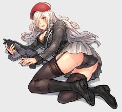 1girl ass beret blush boots breasts g36c_(girls&#039;_frontline) girls&#039;_frontline hair_over_one_eye hat highres long_hair looking_at_viewer lying military military_uniform nemui open_mouth panties red_eyes shiny_skin silver_hair skirt solo thigh_boots thighhighs underwear uniform weapon 