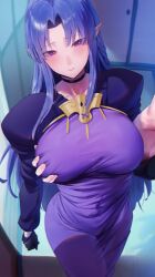 1boy 1girl absurdres black_gloves braid breasts choker dress elbow_gloves fate/stay_night fate_(series) gloves grabbing grabbing_another&#039;s_breast highres large_breasts long_hair long_skirt long_sleeves looking_at_viewer medea_(fate) pointy_ears purple_dress purple_eyes purple_hair rororo side_braid sidelocks skirt solo_focus 