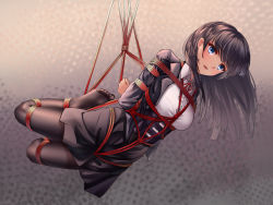 1girl absurdres arms_behind_back bdsm black_pantyhose blue_eyes bondage bound bound_arms bound_legs brown_hair commentary_request full_body highres long_hair looking_at_viewer no_shoes original pantyhose parted_lips shibari shibari_over_clothes solo suspension zhadanzhawugui rating:Sensitive score:50 user:danbooru
