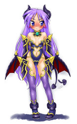  1girl afterimage anklet armor arms_behind_back astaroth astaroth_(cosplay) astaroth_(shinrabanshou) astaroth_(shinrabanshou)_(cosplay) bad_id bad_pixiv_id bare_shoulders bat_wings blue_eyes blush boots breasts bridal_gauntlets cleavage closed_mouth clothing_cutout cosplay demon_horns demon_tail detached_collar earrings embarrassed faulds full_body groin heart heart_earrings highleg highleg_leotard highres hiiragi_kagami horns jewelry kamia_(not_found) leotard long_hair looking_at_viewer looking_away low_wings lucky_star motion_lines navel navel_cutout nose_blush parted_bangs pauldrons purple_footwear purple_hair purple_thighhighs red_wings shadow shinrabanshou shiny_clothes shoulder_armor simple_background skindentation small_breasts solo spikes standing straight_hair strapless strapless_leotard tail tail_wagging thigh_boots thighhighs tsurime very_long_hair wavy_mouth white_background wings 