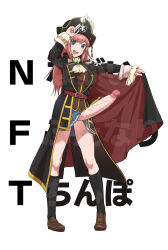  1girl ascot bare_legs belt bicorn black_coat blue_eyes blue_skirt breasts brown_vest bulge calpara cape coat collared_coat cuffs epaulettes erection erection_under_clothes frilled_cuffs frills futanari hair_ornament hairclip hat high_collar highres kneehighs large_breasts large_penis long_coat long_hair marika_katou miniskirt mouretsu_pirates open_mouth penis pink_hair pirate pirate_costume pirate_hat pleated_skirt red_belt skirt skull_and_crossbones socks solo sword text_focus translated two_fingers veins veiny_penis vest weapon 