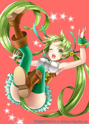  1girl armpits ass boots breasts brown_footwear copyright_name falling forehead green_eyes green_hair green_thighhighs hair_censor long_hair official_art one_eye_closed open_mouth red_background shinkai_no_valkyrie simple_background sleeveless solo star_(symbol) thighhighs twintails very_long_hair yoshino35 