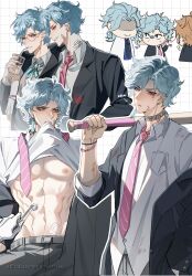  4boys abs absurdres anger_vein aqua_gemstone aqua_ribbon arm_around_shoulder arrow_(symbol) artist_name averting_eyes bandaid bandaid_on_cheek bandaid_on_face bandaid_on_neck bandaid_on_stomach baseball_bat belt black_jacket black_necktie blue_hair blue_shirt bracelet breast_pocket brooch candy chibi chinese_commentary clothes_lift collared_shirt commentary_request cotton_ball cup diagonal-striped_clothes diagonal-striped_necktie disposable_cup dottore_(genshin_impact) drinking_straw ear_piercing earrings fangs food food_in_mouth gem genshin_impact glasses gloves grey_belt grey_pants grey_sweater_vest grid_background grin hand_in_pocket hand_up highres holding holding_baseball_bat holding_cup holding_tweezers jacket jewelry lapels lifted_by_self lofter_username lollipop long_sleeves looking_at_another looking_at_viewer male_focus mojiuxuan mouth_hold multiple_boys multiple_views navel neck_ribbon necktie necktie_over_shoulder nipples off_shoulder open_clothes open_jacket orange_hair pants parted_bangs parted_lips pectorals piercing pink_necktie pocket red_eyes ribbon ring round_eyewear school_uniform scratches serious shaded_face sharp_teeth shirt shirt_lift short_hair simple_background single_earring smile squiggle stomach striped_clothes sweater_vest tartaglia_(genshin_impact) teeth turn_pale turning_head tweezers untucked_shirt v-shaped_eyebrows white_background white_gloves white_shirt wing_collar 