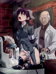 1boy 1girl age_difference animal_ears arms_behind_back bad_id bad_pixiv_id bald bdsm blush bondage bound brick_wall clothing_aside dog_ears gertrud_barkhorn insemination kosokosomaru_(higashi_taishi) lab_coat medical military military_uniform object_insertion old old_man open_mouth panties panties_aside purple_hair restrained sex_machine stationary_restraints strike_witches tears underwear uniform vaginal vaginal_object_insertion white_panties world_witches_series rating:Explicit score:113 user:danbooru