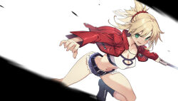 10mo 1girl bandeau black_footwear blonde_hair boots braid breasts clarent_(fate) cleavage cutoffs denim denim_shorts dynamic_pose fate/apocrypha fate/grand_order fate_(series) french_braid green_eyes hair_ornament hair_scrunchie highres holding holding_sword holding_weapon jacket jewelry large_breasts looking_at_viewer mordred_(fate) navel necklace ponytail red_jacket red_scrunchie scrunchie short_shorts shorts simple_background slashing solo sword weapon white_background