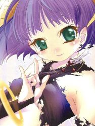  00s 1girl \m/ bare_shoulders blush bracelet breasts bridal_gauntlets cross demon_girl demon_horns earrings elyse_(ore_tama) female_focus green_eyes head_tilt horns jewelry light_smile looking_at_viewer necklace nose_blush ore_tama purple_hair rosary seguchi_takahiro short_hair simple_background small_breasts smile solo torn_clothes underboob upper_body white_background  rating:Questionable score:7 user:XellosPL