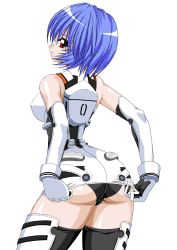 1girl adapted_costume ass ayanami_rei bare_shoulders black_panties blue_hair breasts covering_privates covering_ass dress dress_tug elbow_gloves gassan gloves halterneck large_breasts looking_back neon_genesis_evangelion panties pantyshot plugsuit red_eyes short_dress short_hair solo standing thighhighs underwear