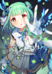 asymmetrical_legwear blue_butterfly blurry blurry_foreground blush bow bowtie bug butterfly butterfly_wings confetti gloves gradient_hair green_hair hair_ornament highres hololive insect insect_wings multicolored_hair reaching red_eyes skull_hair_ornament uruha_rushia virtual_youtuber white_gloves wings yuikannon