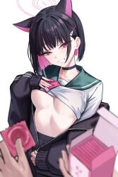  1girl absurdres aoi_riko black_choker black_hair black_jacket black_skirt blue_archive blunt_ends blurry blurry_foreground blush bob_cut breasts cat_choker choker clothes_lift collarbone colored_inner_hair commentary_request condom condom_box condom_wrapper extra_ears fingernails green_sailor_collar grin hair_behind_ear hair_ornament hairclip halo head_tilt highres jacket kazusa_(blue_archive) large_breasts lifted_by_self long_sleeves looking_at_viewer medium_hair multicolored_hair neckerchief open_clothes open_jacket pink_eyes pink_hair pink_halo pink_neckerchief sailor_collar school_uniform serafuku shirt_lift simple_background skirt sleeves_past_wrists smile solo_focus two-tone_hair underboob unzipping white_background white_serafuku  rating:Questionable score:29 user:danbooru