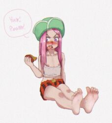  1girl artist_request balloon blush child eating english_text feet flat_chest food hat jewelry_bonney loli one_piece pink_hair pizza pizza_slice purple_eyes simple_background sitting soles tank_top white_background  rating:Explicit score:12 user:NgulAMammita