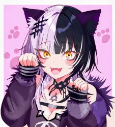  1girl absurdres animal_ear_fluff animal_ears belt black_hair black_nails breasts cat_ears cat_girl choker coat fangs fur_coat highres hololive hololive_english jacket looking_at_viewer makeup mascara medium_breasts medium_hair multicolored_hair open_mouth paw_pose paw_print paw_print_background shiori_novella smile solo virtual_youtuber white_hair yellow_eyes  rating:General score:9 user:loki90235