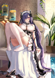  1girl absurdly_long_hair apron august_von_parseval_(azur_lane) august_von_parseval_(the_conquered_unhulde)_(azur_lane) azur_lane bad_id bad_pixiv_id between_breasts black_footwear black_horns breasts cross-laced_clothes cross-laced_dress curled_horns full_body garter_straps hair_over_one_eye high_heels highres horns indoors large_breasts long_hair looking_at_viewer maid_headdress mechanical_horns necomilk official_alternate_costume one_eye_covered purple_eyes purple_hair shoes sleeveless solo strap_between_breasts thighhighs unworn_shoes very_long_hair white_apron white_garter_straps white_thighhighs  rating:Sensitive score:23 user:danbooru
