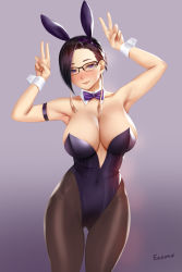 1girl animal_ears armlet artist_name black_hair black_leotard blush boku_no_hero_academia bow bowtie breasts cleavage covered_navel detached_collar double_v easonx fake_animal_ears female_focus glasses gradient_background highleg highleg_leotard highres jirou_mika large_breasts leotard mature_female pantyhose playboy_bunny purple_eyes rabbit_ears short_hair simple_background smile solo v wrist_cuffs rating:Explicit score:230 user:Ahegao_lmao