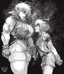  1boy 1girl absurdres animal_ears arms_behind_back blue_eyes breasts cat_boy cat_ears greyscale hellsing highres huge_breasts looking_at_another looking_down looking_up monochrome muscular muscular_female schroedinger_(hellsing) seras_victoria size_difference sweat the_golden_smurf thick_thighs thighs uniform 