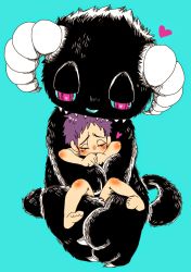 1boy animal_hands blush cat_tail claws closed_eyes colorized crying furry furry_male heart holding horns hug implied_sex male_focus mappira monster nude open_mouth original pink_eyes purple_eyes purple_hair red_eyes rubbing rubbing_crotch sharp_teeth short_hair shota simple_background size_difference squinting tail tears teeth rating:Explicit score:15 user:crocodisle
