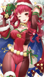  1girl blue_cape bodysuit breasts cape christmas cleavage clothing_cutout detached_collar facial_mark fire_emblem fire_emblem_engage fire_emblem_heroes fur-trimmed_headwear fur-trimmed_sleeves fur_trim gluteal_fold hair_ornament haru_(nakajou-28) hat headband highres holding holding_sack large_breasts long_hair looking_at_viewer nintendo official_alternate_costume one_eye_closed open_mouth red_bodysuit red_cape red_eyes red_hair red_headband sack santa_costume santa_hat smile solo star_(symbol) star_facial_mark star_hair_ornament teeth two-tone_cape upper_teeth_only wavy_hair yunaka_(fire_emblem) yunaka_(fire_emblem)_(spirited_envoy)  rating:Sensitive score:4 user:danbooru
