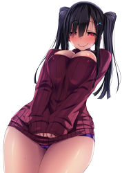  1girl black_hair blush breasts cleavage cleavage_cutout clothes_tug clothing_cutout covered_erect_nipples cowboy_shot curvy dutch_angle from_below hair_ornament hairclip heart heart-shaped_pupils highres large_breasts long_hair looking_at_viewer looking_down meme_attire mole mole_under_eye open-chest_sweater original panties purple_eyes purple_panties pussy_juice ribbed_sweater satou_kuuki simple_background sleeves_past_wrists smile solo sweat sweater sweater_tug symbol-shaped_pupils tareme thick_thighs thighs twintails underwear wet wet_clothes wet_panties white_background wide_hips  rating:Explicit score:79 user:danbooru