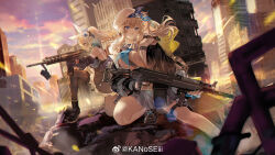  2girls animal_bag ankle_boots beret black_footwear black_gloves black_jacket black_skirt black_thighhighs blonde_hair blue_camisole blue_eyes blue_neckerchief boots bow building camisole elbow_gloves full_body girls&#039;_frontline girls&#039;_frontline_2:_exilium gloves gradient_sky grey_skirt gun hair_bow hat highres hitokoto holding holding_gun holding_weapon jacket looking_to_the_side multiple_girls neckerchief outdoors parted_lips pleated_skirt ponytail purple_sky ruins sharkry_(girls&#039;_frontline_2) shirt shotgun side_ponytail sidelocks skirt sky socks squatting thighhighs twilight vepley_(girls&#039;_frontline_2) vepr-12 weapon weibo_logo weibo_watermark white_bow white_hat white_socks yellow_shirt 