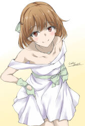  blush breasts brown_eyes brown_hair collarbone dress gakky gloves gradient_background green_gloves hair_ribbon highres jewelry kantai_collection looking_at_viewer medium_breasts necklace oboro_(11th_anniversary)_(kancolle) oboro_(kancolle) official_alternate_costume ribbon short_hair smile strapless strapless_dress white_dress yellow_background 