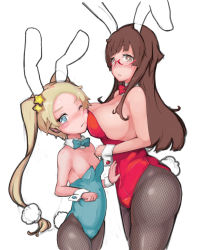  2girls animal_ears blonde_hair blue_eyes blush_stickers breasts breasts_on_face brown_eyes brown_hair fake_animal_ears fishnet_pantyhose fishnets glasses large_breasts long_hair megane_chuu multiple_girls original pantyhose playboy_bunny rabbit_ears rabbit_tail small_breasts standing tail twintails wrist_cuffs  rating:Sensitive score:17 user:danbooru