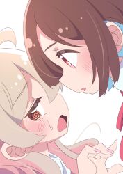  2girls @_@ ahoge averting_eyes blonde_hair blue_hair blush brown_eyes brown_hair colored_inner_hair commentary face-to-face from_side highres honkawa_works hozuki_momiji long_hair looking_at_another multicolored_hair multiple_girls onii-chan_wa_oshimai! oyama_mahiro pink_hair profile short_hair simple_background two-tone_hair wavy_mouth white_background yuri 