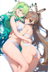  2girls absurdres ass backlighting black_hair bra breasts brown_eyes brown_hair ceres_fauna commentary feather_hair_ornament feathers flower furoki green_hair hair_flower hair_ornament highres hololive hololive_english horns hug large_breasts leaf long_hair looking_at_viewer multicolored_hair multiple_girls nanashi_mumei navel panties smile streaked_hair symbol-only_commentary twitter_username underwear underwear_only very_long_hair virtual_youtuber white_background white_bra white_hair white_panties yellow_eyes yuri 