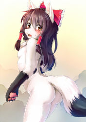 1girl animal_ears animal_nose animalization arched_back ass back bad_id bad_nicoseiga_id blush bow breasts brown_eyes brown_hair cowboy_shot curly_hair embarrassed fox fox_ears fox_tail furrification furry furry_female hair_bow hair_ornament hair_tubes hakurei_reimu hopeless_masquerade kagerofu kitsune long_hair looking_at_viewer looking_back nude open_mouth pawpads small_breasts smoke snout solo sweat sweatdrop tail tongue touhou transformation transparent whiskers rating:Questionable score:139 user:danbooru