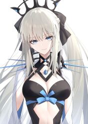  1girl black_bow black_dress blue_eyes blue_ribbon bow braid breasts center_opening cleavage clothing_cutout collar crown dress fate/grand_order fate_(series) grey_hair hair_bow half_up_braid highres large_breasts long_hair looking_at_viewer morgan_le_fay_(fate) ponytail pttyr ribbon sidelocks simple_background solo spiked_collar spikes stomach_cutout stomach_tattoo tattoo upper_body very_long_hair white_background 