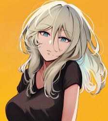  1girl aqua_eyes black_shirt blonde_hair breasts girls&#039;_frontline highres looking_at_viewer mole mole_under_mouth parted_lips shaw_(girls&#039;_frontline) shirt simple_background solo t-shirt upper_body yellow_background yotsuyama_(yomo8ama) 