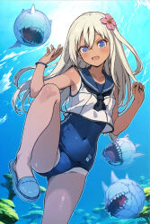 1girl blonde_hair blue_eyes blush breasts crop_top enemy_aircraft_(kancolle) flower hair_flower hair_ornament highres kantai_collection long_hair looking_at_viewer one-piece_swimsuit one-piece_tan open_mouth ro-500_(kancolle) sailor_collar school_swimsuit school_uniform serafuku small_breasts smile solo swimsuit swimsuit_under_clothes tan tanline yuugo_(atmosphere)