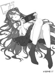  1girl absurdres aris_(blue_archive) ass blue_archive collared_shirt greyscale grin hair_between_eyes halo handheld_game_console highres holding holding_handheld_game_console hongchamashu long_hair looking_at_viewer monochrome nintendo_switch one_side_up panties pleated_skirt shirt short_sleeves simple_background skirt smile socks solo striped_clothes striped_panties underwear white_background 