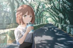  1girl absurdres bag black_bag blurry blurry_background bob_cut bokeh brown_eyes brown_hair bush cup day depth_of_field drinking_straw drinking_straw_in_mouth expressionless grey_shirt handbag highres holding holding_cup looking_at_viewer natsume_hinako original outdoors road shirt solo standing t-shirt tree upper_body 