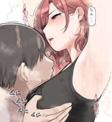 1boy 1girl armpits arms_up blush grabbing_another&#039;s_breast breasts grabbing hair_ornament hairclip hetero highres higuchi_madoka idolmaster idolmaster_shiny_colors medium_breasts mole mole_under_eye open_mouth red_eyes red_hair short_hair solo_focus speech_bubble sunaba_suzume sweat translation_request upper_body rating:Questionable score:134 user:danbooru