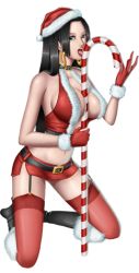 boa_hancock breasts candy candy_cane hat iurypadilha kneeling large_breasts licking lowres one_piece santa_hat sexually_suggestive thighhighs rating:Questionable score:10 user:killuakun