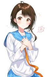  ! !? 1girl ? absurdres bangs blue_sailor_collar blue_skirt blush breasts brown_eyes brown_hair closed_mouth collarbone commentary_request cowboy_shot flying_sweatdrops hair_ornament hands_up highres long_sleeves looking_at_viewer nisekoi onodera_kosaki own_hands_together pleated_skirt sailor_collar school_uniform serafuku shiny shiny_hair shirt short_hair skirt solo spoken_exclamation_mark spoken_question_mark tokkyu wavy_mouth white_background white_shirt 