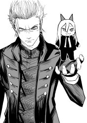  1boy 1girl :3 absurdres chainsaw_man chibi coat commentary cross-shaped_pupils crossover devil_may_cry_(series) fingerless_gloves forehead formal furrowed_brow gloves heartbreak_juan highres horns necktie power_(chainsaw_man) serious suit symbol-shaped_pupils vergil_(devil_may_cry) 