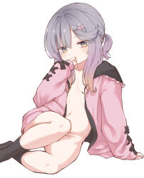 1girl black_socks blush commentary_request female_focus finger_to_mouth flat_chest gradient_hair hair_ornament hairclip highres jacket kantai_collection loli long_hair looking_at_viewer mole mole_under_eye multicolored_hair navel no_panties open_clothes open_jacket pink_jacket purple_hair simple_background soba_(sobaya1938) socks solo tsushima_(kancolle) white_background yellow_eyes  rating:Questionable score:55 user:danbooru