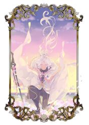 1boy border commentary fate/grand_order fate_(series) flower_knot framed full_body hair_floating_upwards highres holding holding_staff holy_grail_(fate) hood hooded_robe long_hair long_sleeves male_focus masuo1992 merlin_(fate) on_one_knee ornate_border petals purple_eyes robe smile solo staff very_long_hair white_hair white_robe