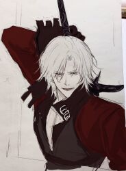  black_gloves dante_(devil_may_cry) devil_may_cry devil_may_cry_(series) devil_may_cry_2 gloves highres holding holding_weapon looking_at_viewer lovelythorki male_focus pectorals rebellion_(sword) simple_background smile solo sword vest weapon weapon_on_back 