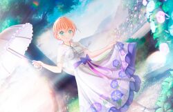  1girl aqua_eyes asagao_reijou_(love_live!) blue_flower bow cape closed_mouth collarbone crossed_bangs dress dutch_angle floral_print_dress flower foot_out_of_frame frilled_dress frilled_umbrella frills game_cg gradient_dress hair_bow halter_dress halterneck highres hinoshita_kaho holding holding_umbrella lace_socks lens_flare link!_like!_love_live! long_dress looking_at_viewer love_live! low_ponytail medium_hair morning_glory mountainous_horizon official_art orange_hair pink_flower purple_dress see-through see-through_cape see-through_dress skirt_hold smile socks solo third-party_source tree umbrella virtual_youtuber white_bow white_cape white_dress white_socks white_umbrella 