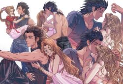  1boy 1girl aerith_gainsborough baggy_pants bangle bare_arms bare_shoulders belt belt_buckle black_hair blue_eyes blue_shirt bracelet braid braided_ponytail brown_hair buckle carrying closed_eyes closed_mouth collarbone commentary couple cross_scar dress drill_hair drill_sidelocks facial_scar facing_another final_fantasy final_fantasy_vii final_fantasy_vii_ever_crisis final_fantasy_vii_rebirth final_fantasy_vii_remake green_eyes hair_ribbon head_on_another&#039;s_shoulder hetero highres hug hug_from_behind jacket jewelry kiss kissing_forehead long_dress long_hair looking_at_another multiple_belts multiple_views open_clothes open_jacket pants parted_bangs parted_lips pink_dress pink_ribbon princess_carry red_jacket ribbon scar scar_on_cheek scar_on_face shirt short_sleeves sidelocks sleeveless sleeveless_dress sleeveless_turtleneck smile spiked_hair sweater sylvthea symbol-only_commentary toned toned_male topless_male turtleneck turtleneck_sweater wavy_hair white_background zack_fair 