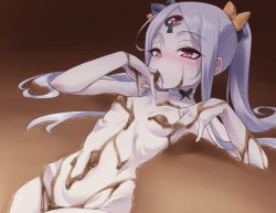  1girl abigail_williams_(fate) abigail_williams_(third_ascension)_(fate) blush breasts chocolate chocolate_on_body colored_skin fate/grand_order fate_(series) food_on_body forehead galbany_(tsgororin) highres keyhole long_hair looking_at_viewer nude parted_bangs red_eyes small_breasts solo thighs third_eye white_hair white_skin  rating:Questionable score:59 user:danbooru